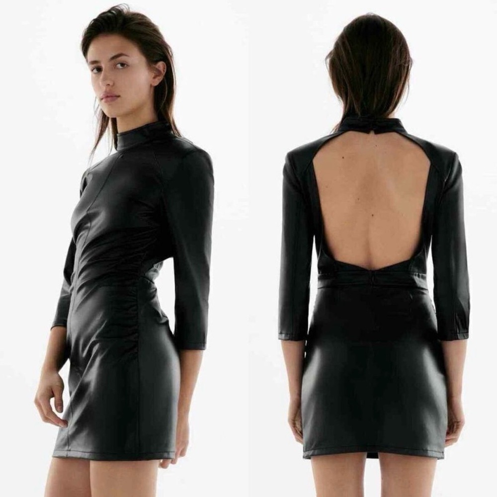 Zara Black Faux Leather Open-Back Mini Dress NWT